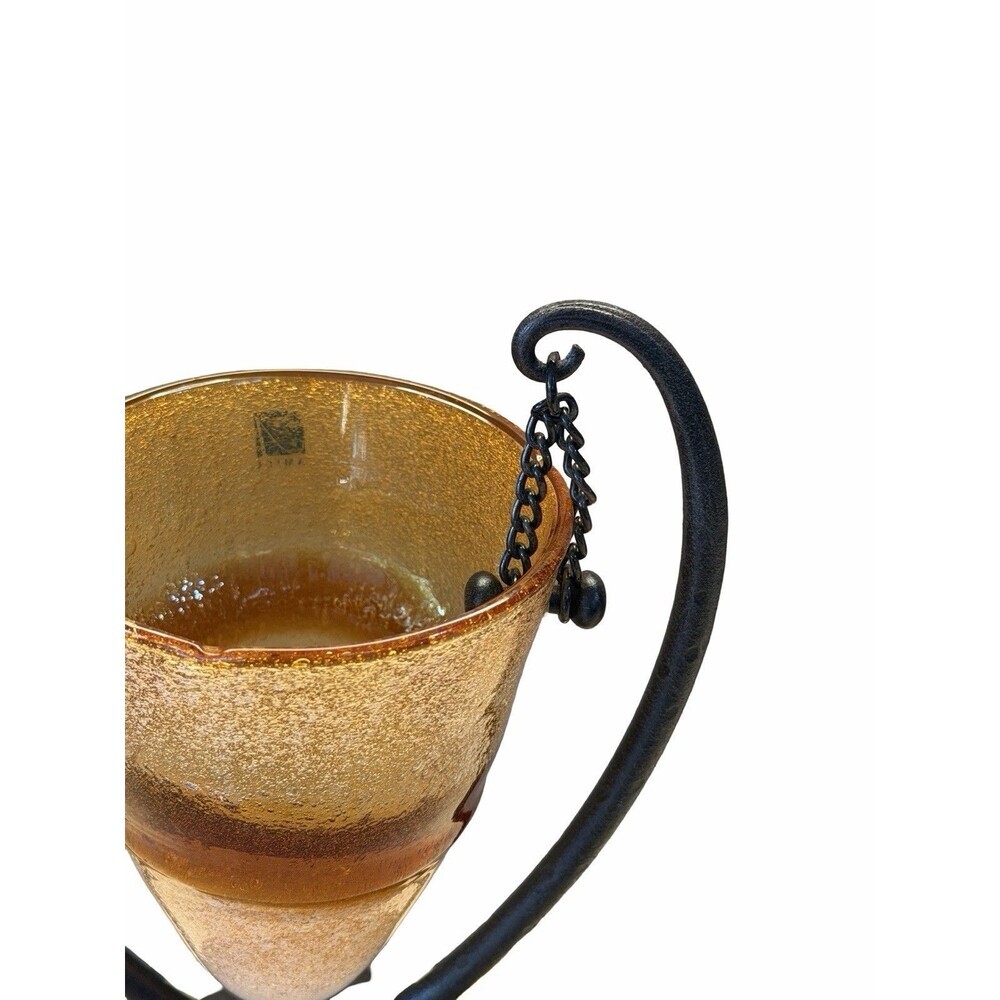 Vintage Amici Hand Blown Amber Bubble Glass Cone Vase Hanging Wrought Iron Stand - Picture 3 of 12